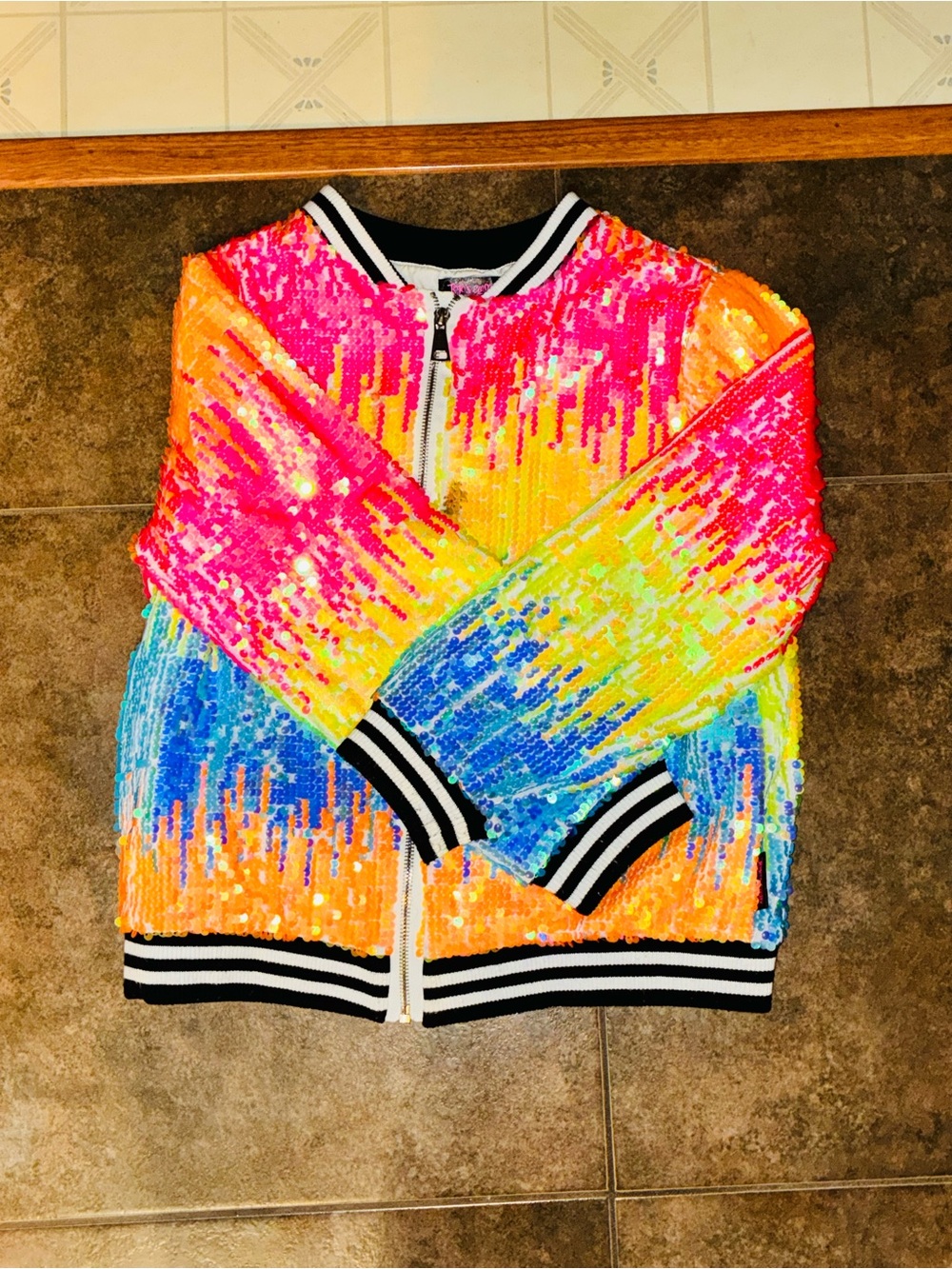 JoJo Siwa Girls' Sequin Rainbow Bomber Jacket - Pink, Orange, Yellow, Blue